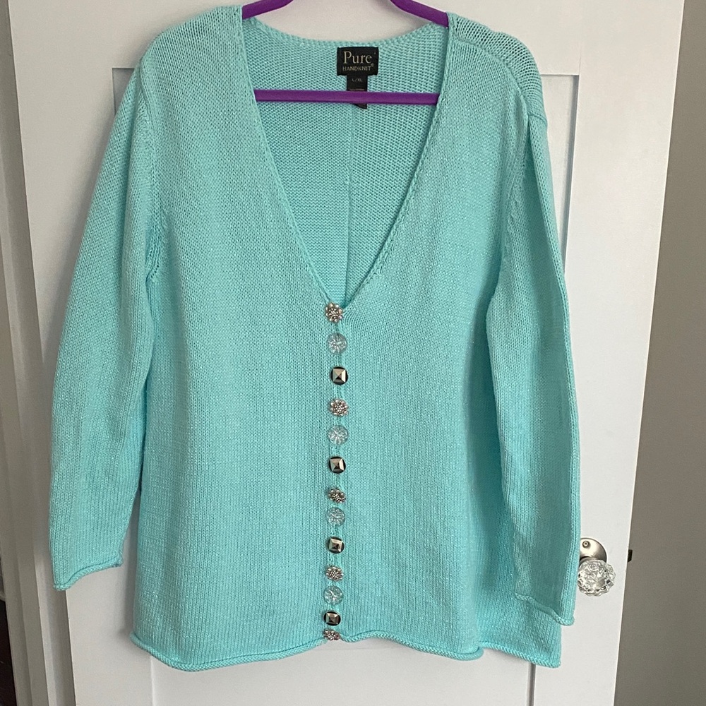 Anthropologie Pure Handknit Blue Cotton Cardigan Sweater L/XL Designed in Canada